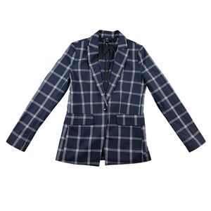 Aqua Blazer Jacket Women XS Blue Navy Plaid Button Front Pockets Preppy Workwear